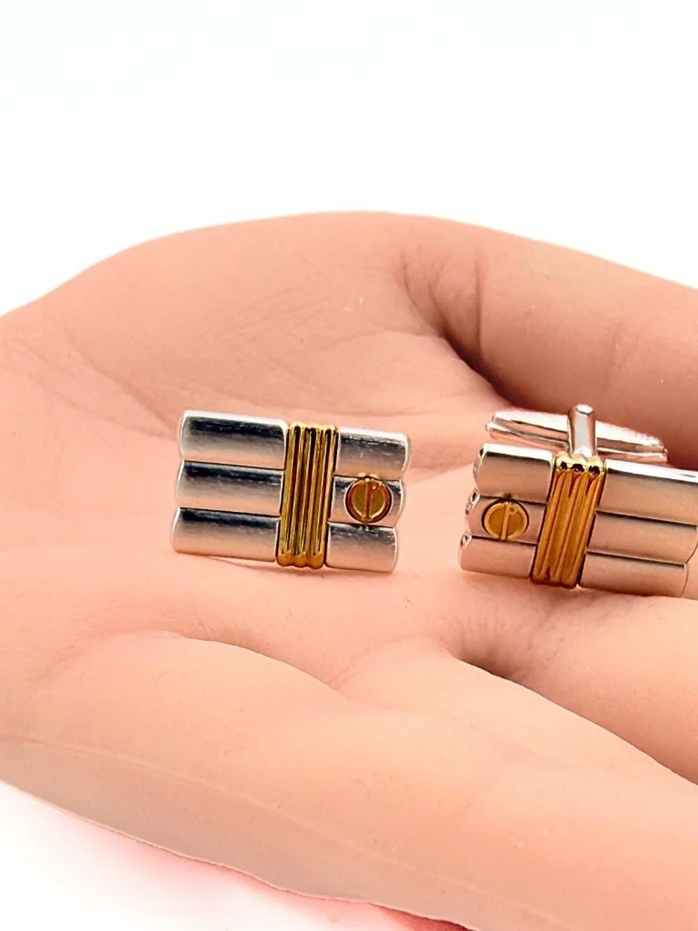 Dunhill Signed Paris Rectangular Two Tone Brushed Ribbed Tuxedo Cufflinks